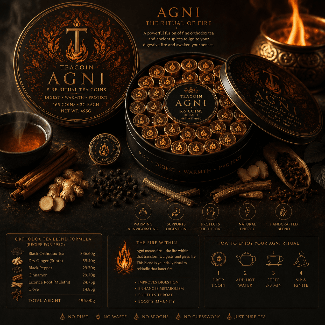 TeaCoin Agni — Ignite digestion and restore balance., 495g / 165 x 3g