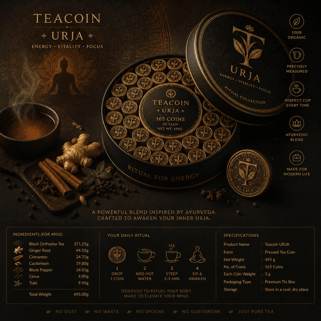 TeaCoin Urja — Awaken your energy naturally., 495g / 165 x 3g